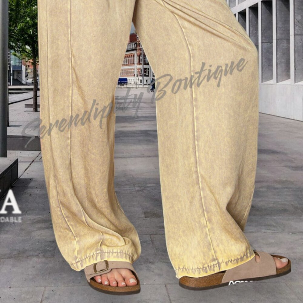 Zenana Mineral Wash Soft Comfy Flare Leg Elastic Drawstring Paper Bag Pants - Picture 5 of 12
